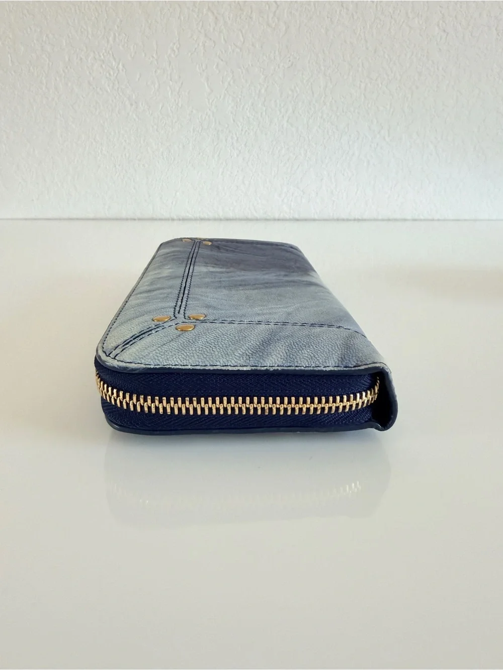 Jerome Dreyfuss Blue Tie-Dye Zip Wallet with Gold Studs